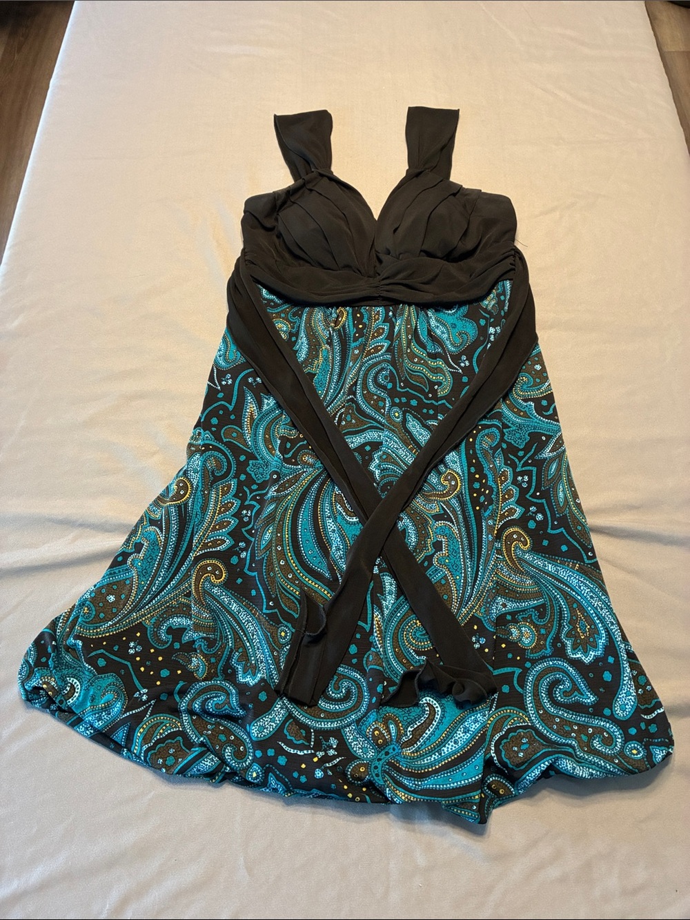 La Belle Black and Teal Paisley Empire-Waist Midi Dress